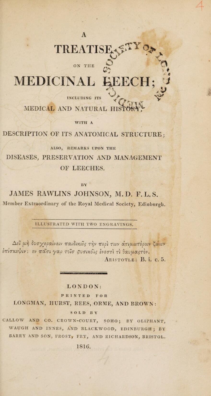 Treatise on the Medicinal Leech – Dr. James Rawlins Johnson, 1816
