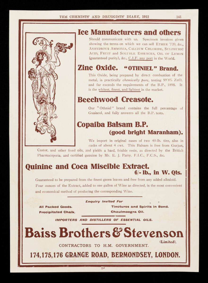 Advertising insert (from The Chemists’ and druggists’ diary, 1912) for Baiss Brothers & Stevenson’s cod liver oil, Othniel zinc oxide, Beechwood creosote, Copaiba Balsam, quinine and coca miscible extract