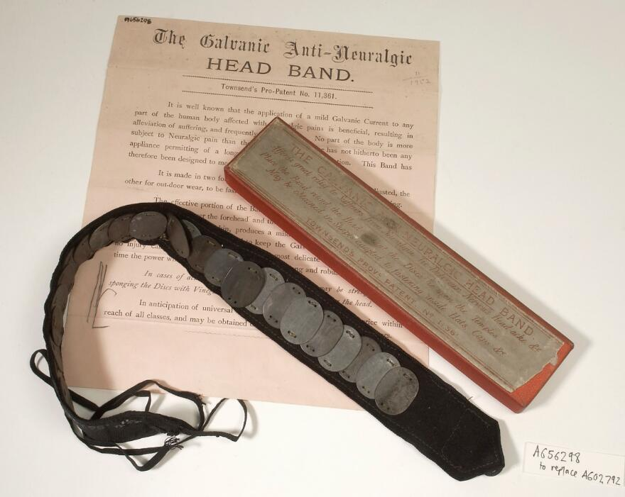 Galvanic anti-neuralgic headband made up of a series of 24 alternate zinc and copper discs mounted onto a felt and ribbon band. The headband was tied around the head, with the discs resting on the temples, where perspiration would act on the discs by producing a mild galvanic current