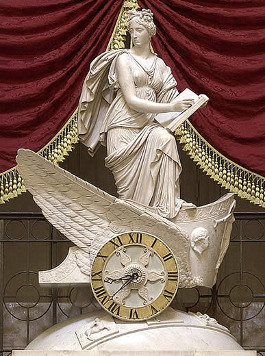 Car of History chariot clock features a life size statue of Clio, the muse of history