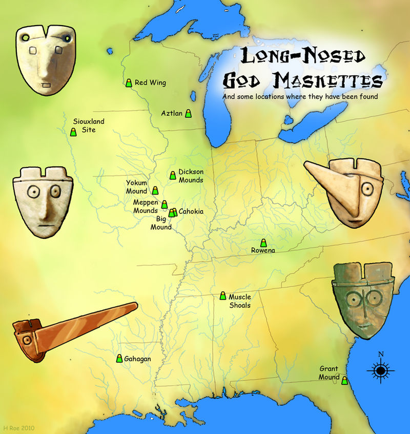 Long-nosed god maskettesĀ areĀ artifactsĀ made from bone,Ā copperĀ and marine shells